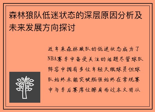 森林狼队低迷状态的深层原因分析及未来发展方向探讨