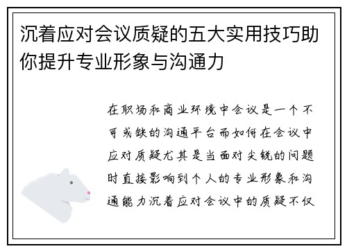 沉着应对会议质疑的五大实用技巧助你提升专业形象与沟通力