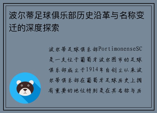 波尔蒂足球俱乐部历史沿革与名称变迁的深度探索 波尔蒂足球俱乐部历史沿革与名称变迁的深度探索